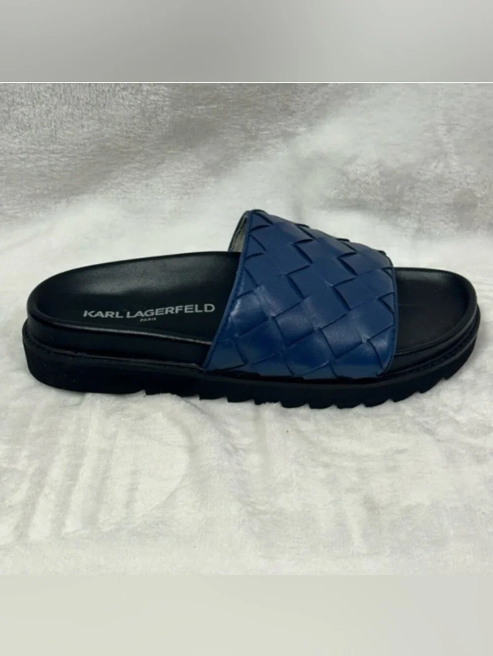 KARL LAGERFELD PARIS Blue Woven Leather Slide LF1S2124 Sandal Mens SZ 11 /44
